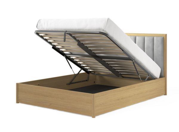 Anya Wooden Ottoman Bed Frame with upholstered headboard in grey