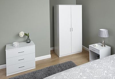 Panama White bedroom furniture 3 door robe 3+2 drawer chest pair bedside cabinet