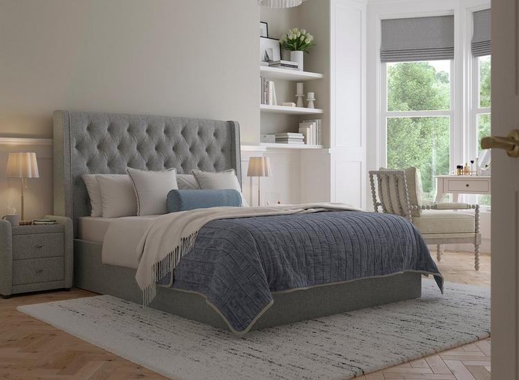 deacon upholstered bed in grey