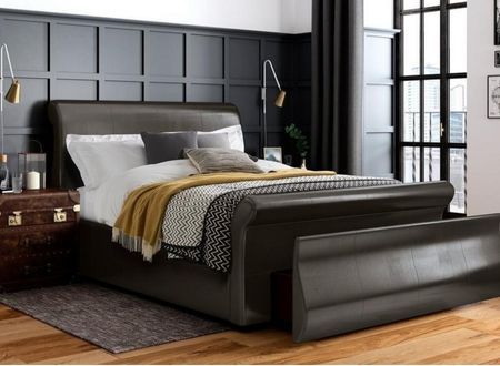 Detroit Sleigh Bed in brown faux leather
