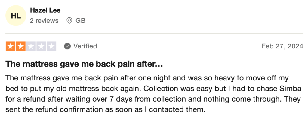 simba mattress causing back pain review