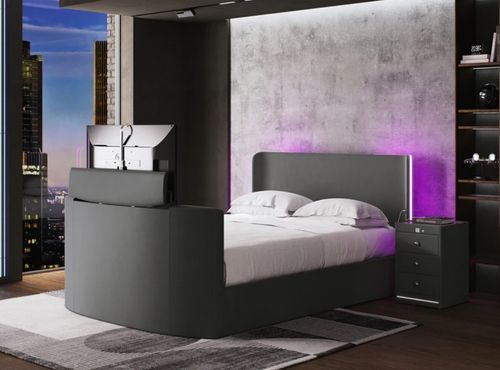 Media Glow Ottoman TV Bed Frame With Sound Activated Lighting in grey