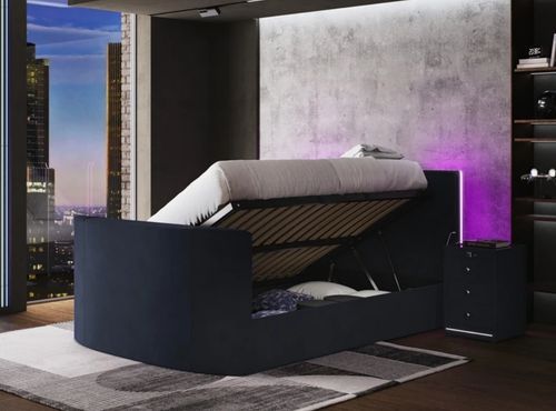 Media Glow Ottoman TV Bed Frame With Sound Activated Lighting in navy