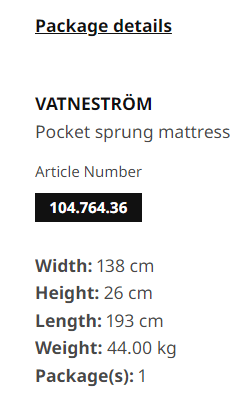 IKEA flat mattress package size