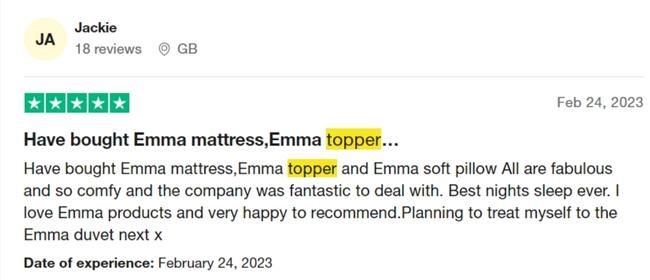 Emma mattress topper positive customer review