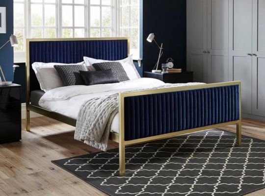Addison Metal Bed with gold and blue velvet