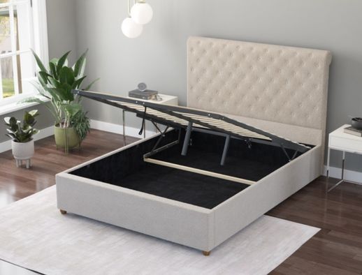 Taylor Chesterfield-Inspired Scroll Top Fabric Upholstered Ottoman Bed Bouclé - Cream