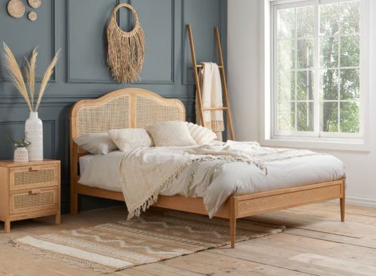 Leonie Rattan Oak Wooden Bed Frame with Bedside Tables